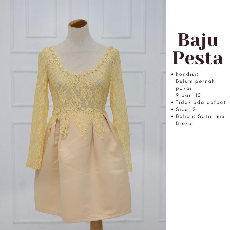 Dress Pesta Kuning Krem Lengan Panjang Selutut Bahan Satin & Brokat