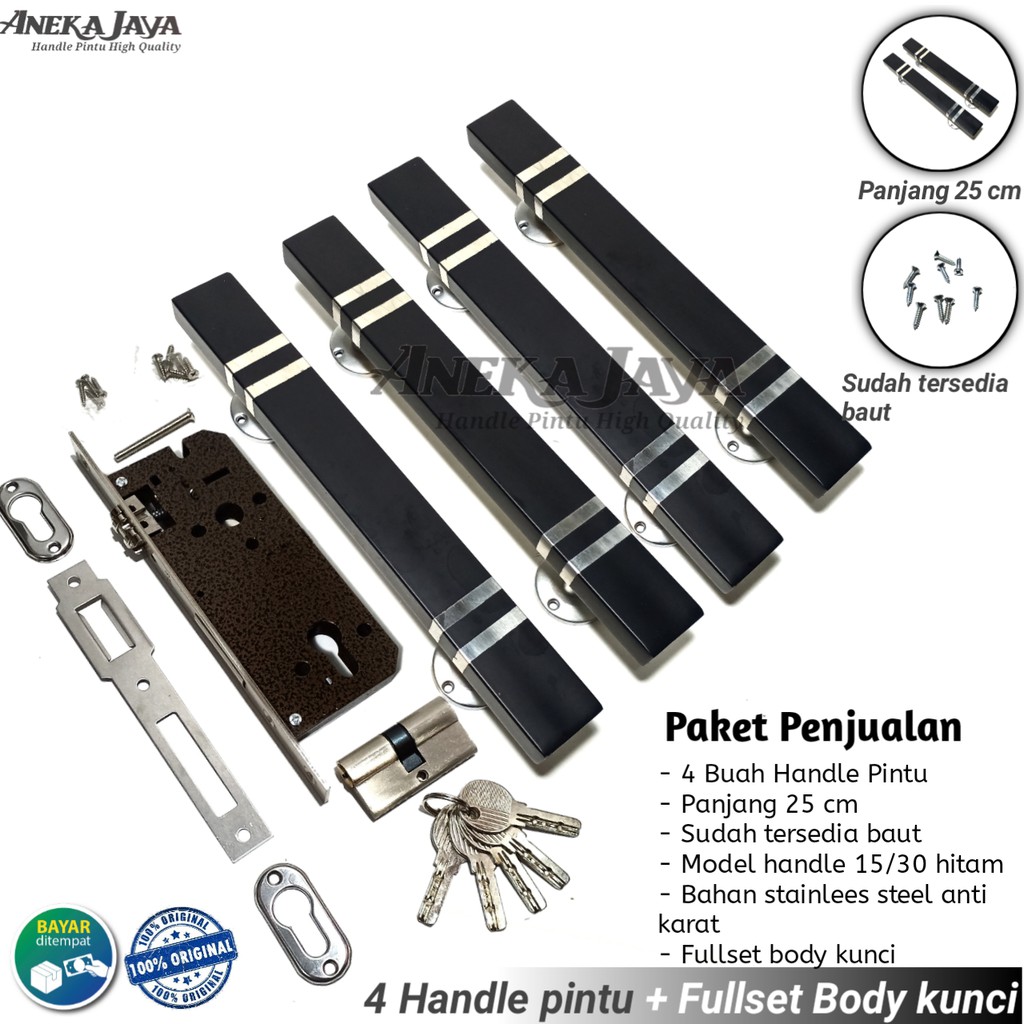 1 Satu set handle kunci daun pintu dua panjang 25 cm warna hitam / Gagang pintu rumah Tarikan pintu