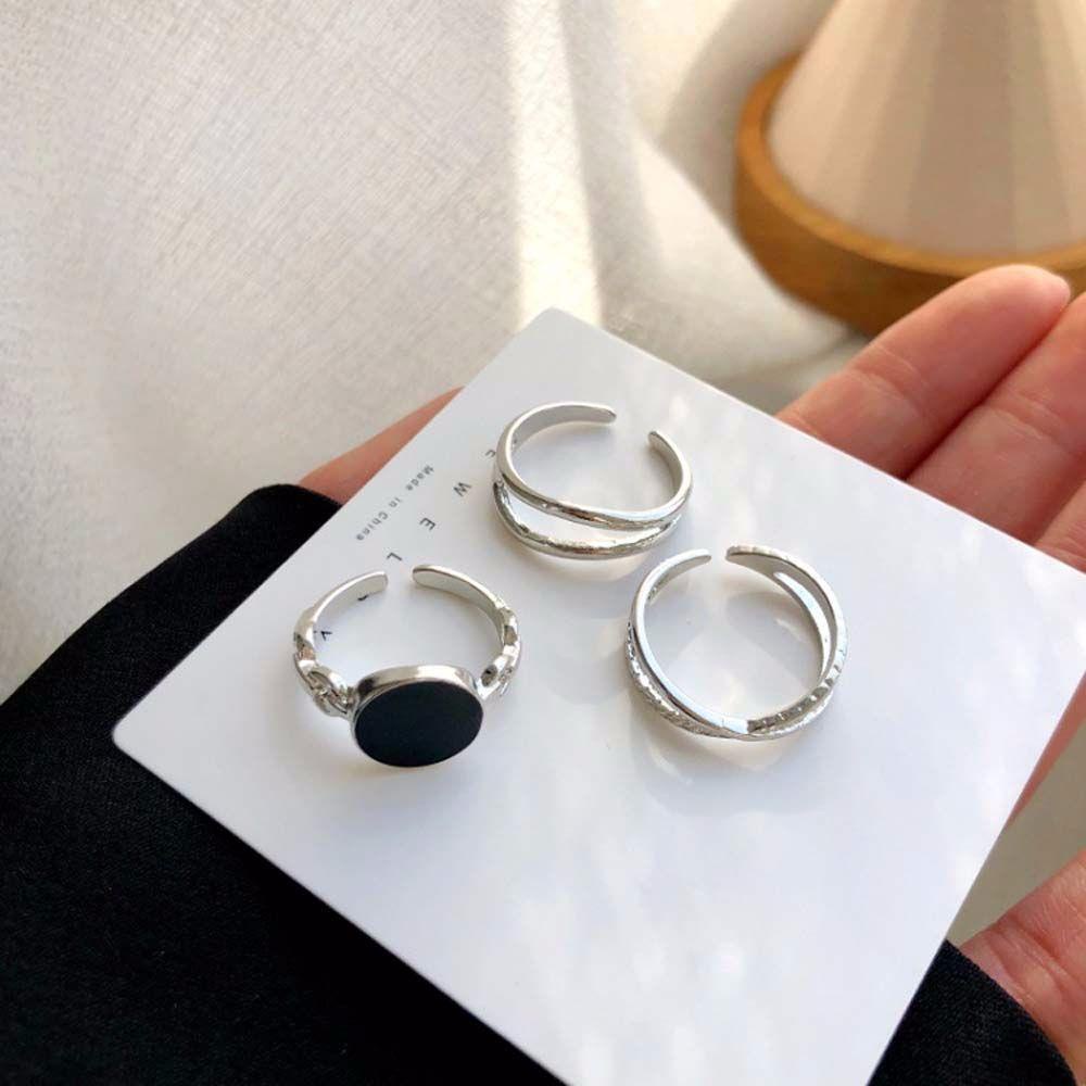 3pcs / Set Cincin Model Rantai Twist Geometris Bahan Metal Warna Silver Gaya Korea Vintage Untuk Wanita