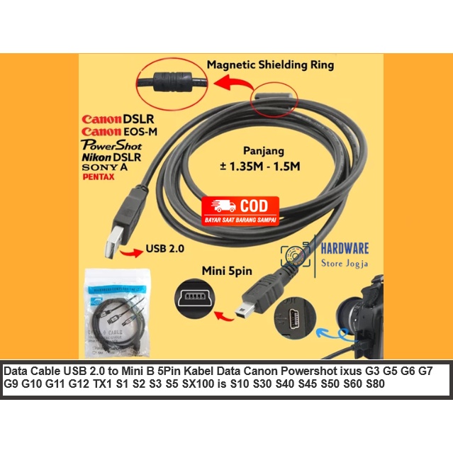 Data Cable USB 2.0 to Mini B 5Pin Kabel Data Canon Powershot ixus G3 G5 G6 G7 G9 G10 G11 G12 TX1 S1 