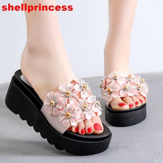 Sandal Selop Wedges Platform Open Toe Motif  Bunga Untuk  