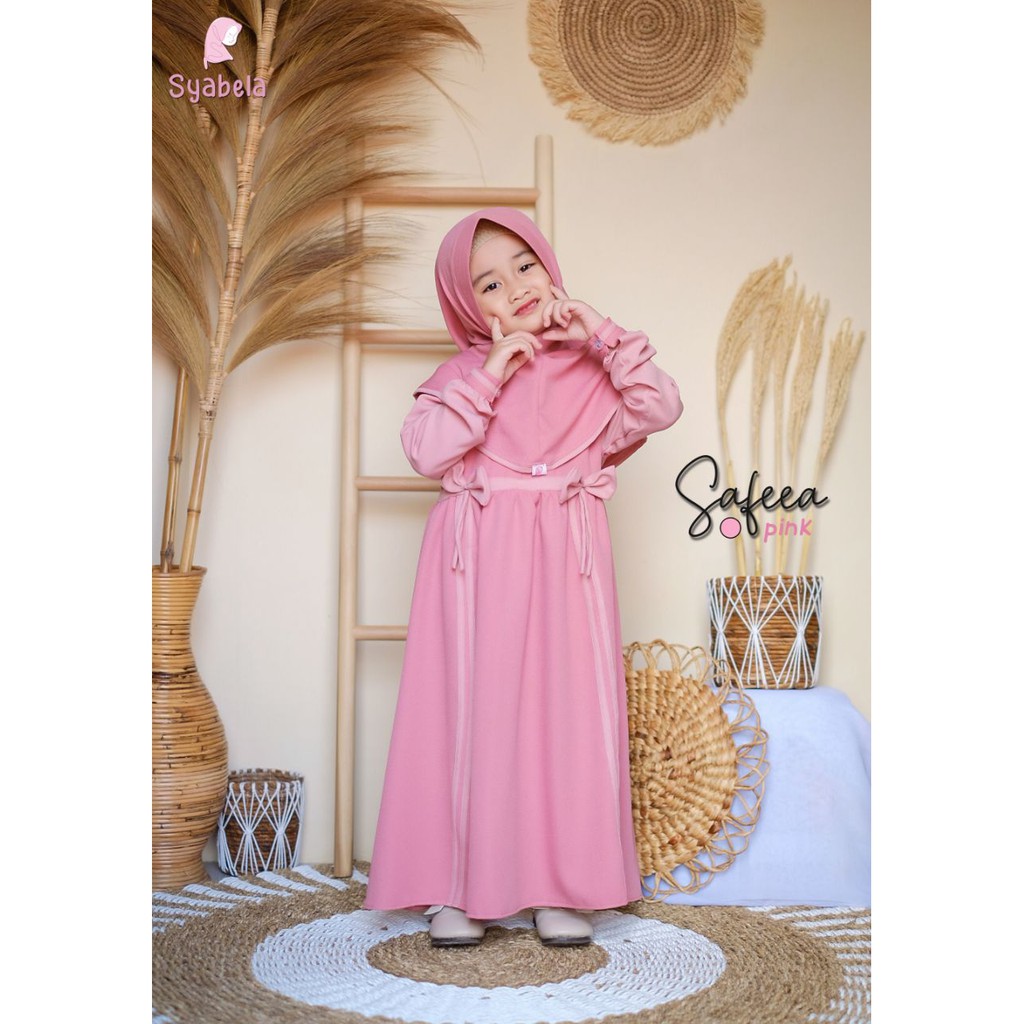 Setelan Busana Muslim Gamis Dan Kerudung Untuk Anak Model Syari Bahan Moscrepe Warna Pink