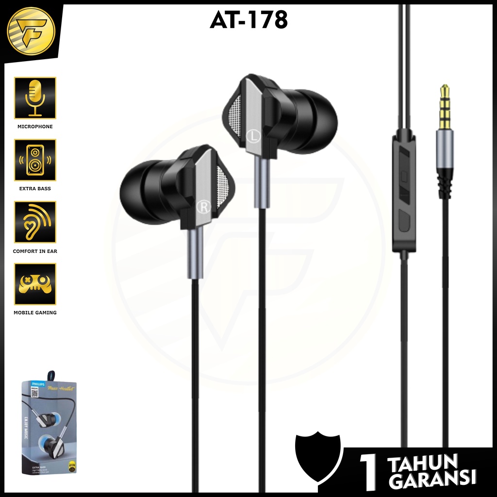 Earphone PHILIPS T178 Metal Body stereo bass music telfon headset mic