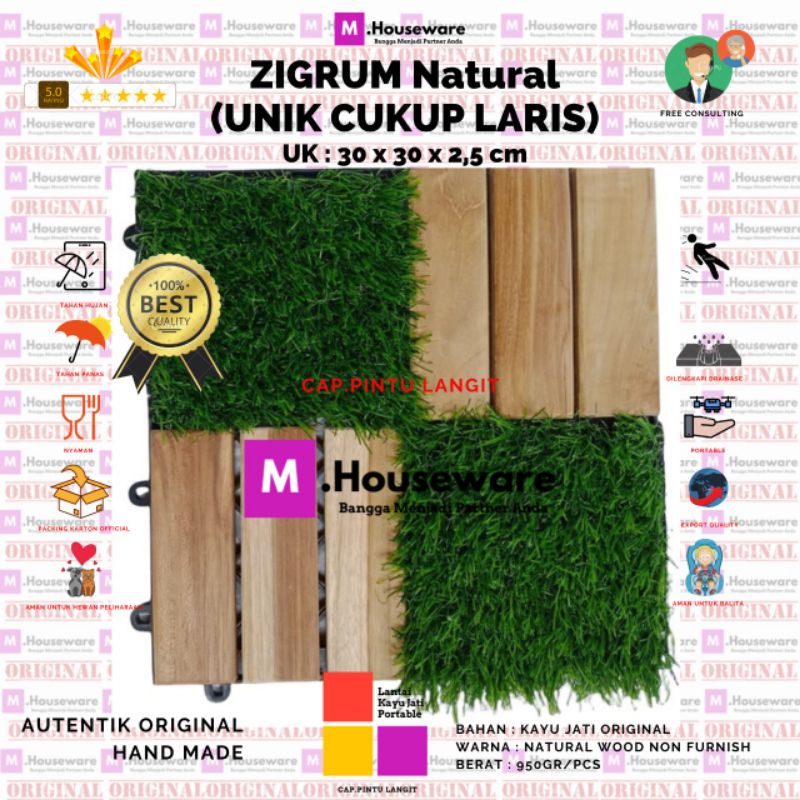 Lantai Kayu Jati Motif ZIGRUM decking tile Zigzag Mix Rumput Sintetis uk 30x30cm