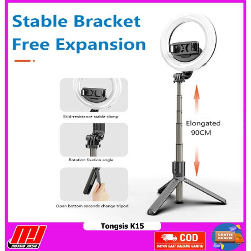 Tongsis Monopod K15 5 in 1 Tripod Ring Light Bluetooth Remote