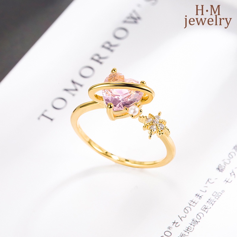 Cincin Model Terbuka Desain Hati Hias Zircon AAA Warna Pink Untuk Wanita