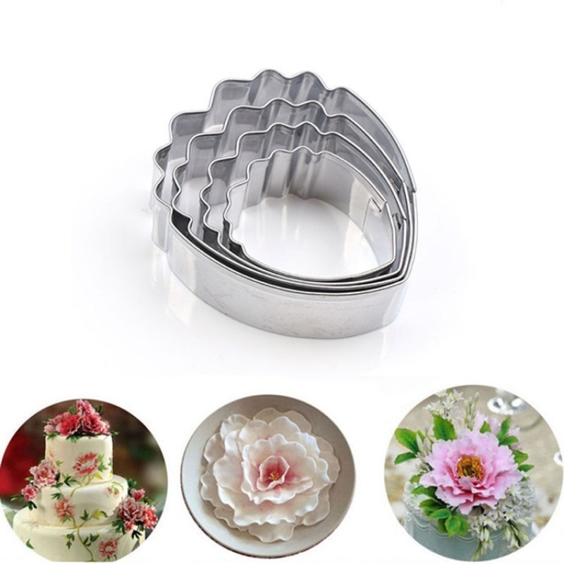 4pcs / set Cetakan Kue Bentuk Kelopak Bunga Peony Bahan Stainless Steel