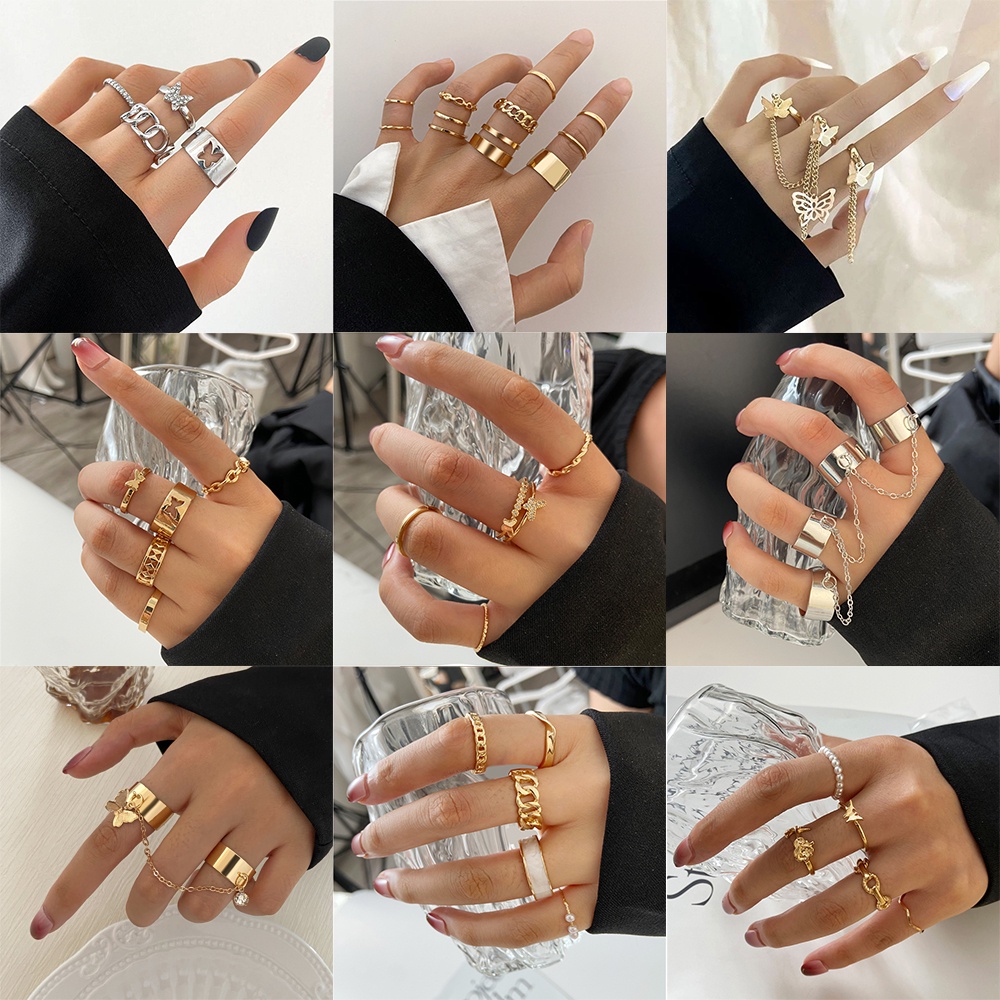 YEEZII 10pcs / Set Cincin Rantai Ular Butterfly Hias Mutiara Berlian Gaya Korea Untuk Pasangan