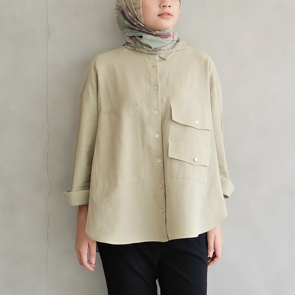 Luca Shirt Kemeja Basic Wanita Oversize Katun Linen Atasan Blouse Polos Lengan Panjang