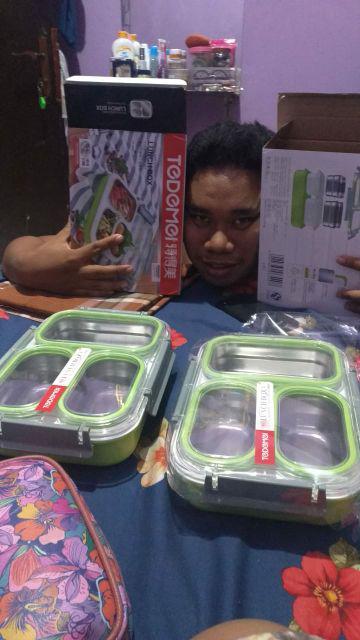 Kotak Makan Anak Lunchbox Tedemei 6540 Pink Green Blue Stainles Tempat Bekal Anti Tumpah 3 Sekat