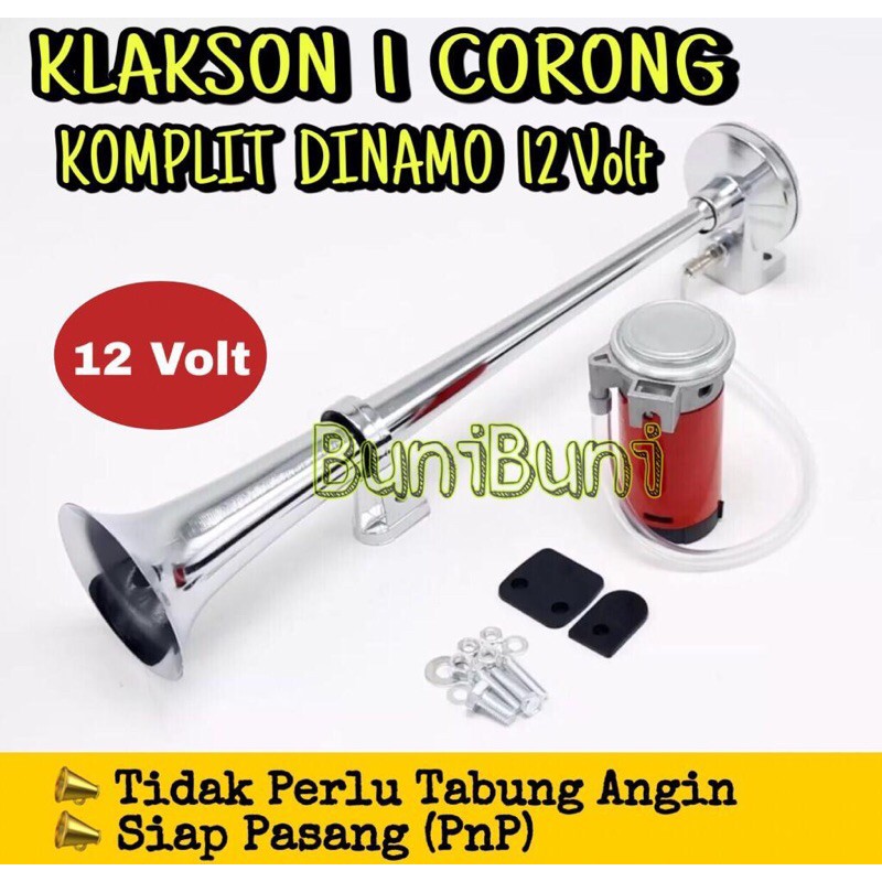 Klakson Angin 1 Corong Untuk Mobil 12 Volt &amp; Truk 24 Volt Komplit Dinamo Elektrik Premium