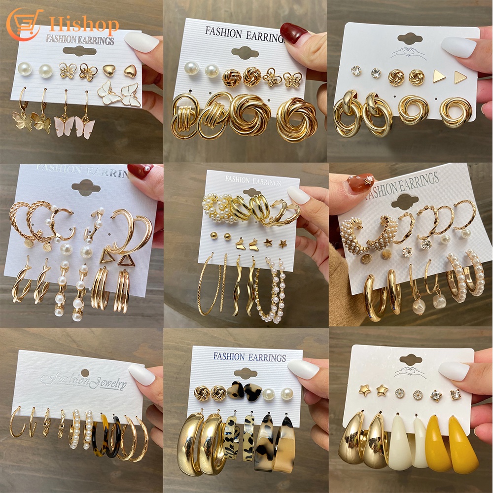 Pearl Butterfly Earring Set Crystal Tassel Resin Stud Earrings Oversize Gold Earrings Women Fashion Jewelry Accessories