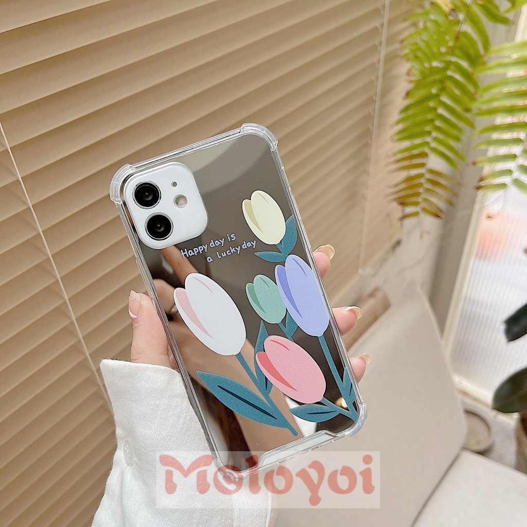 Soft Case Tpu Motif Bunga Tulip Dengan Cermin Untuk IPhone 11 Pro Max 7 8 13 11 12 Pro Max 7 Plus 8 Plus X XS Max XR SE 2020