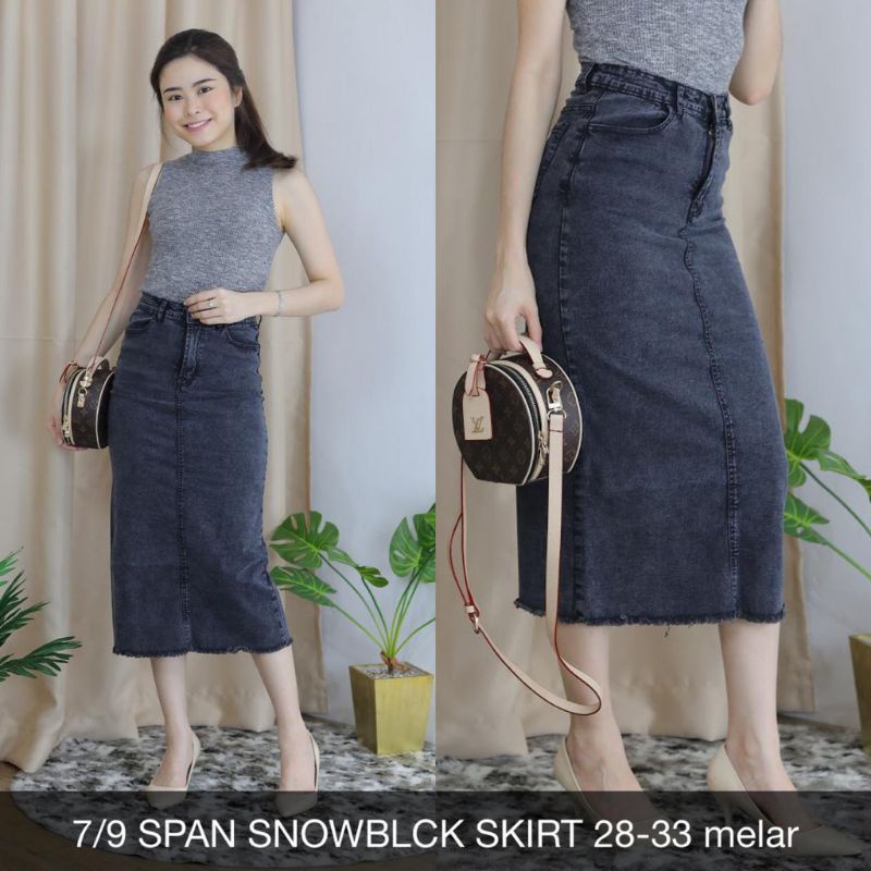 Rok Jeans Wanita Span 7/9 Denim Rawis Stretch Cewek Panjang-3
