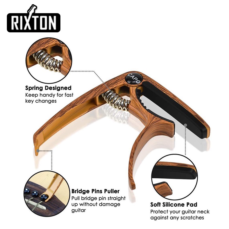 Rixton Guitar Capo LGL-06 Clamp Aluminium Alloy Logam Kayu Butir Perubahan Cepat Kunci Nilon Akustik