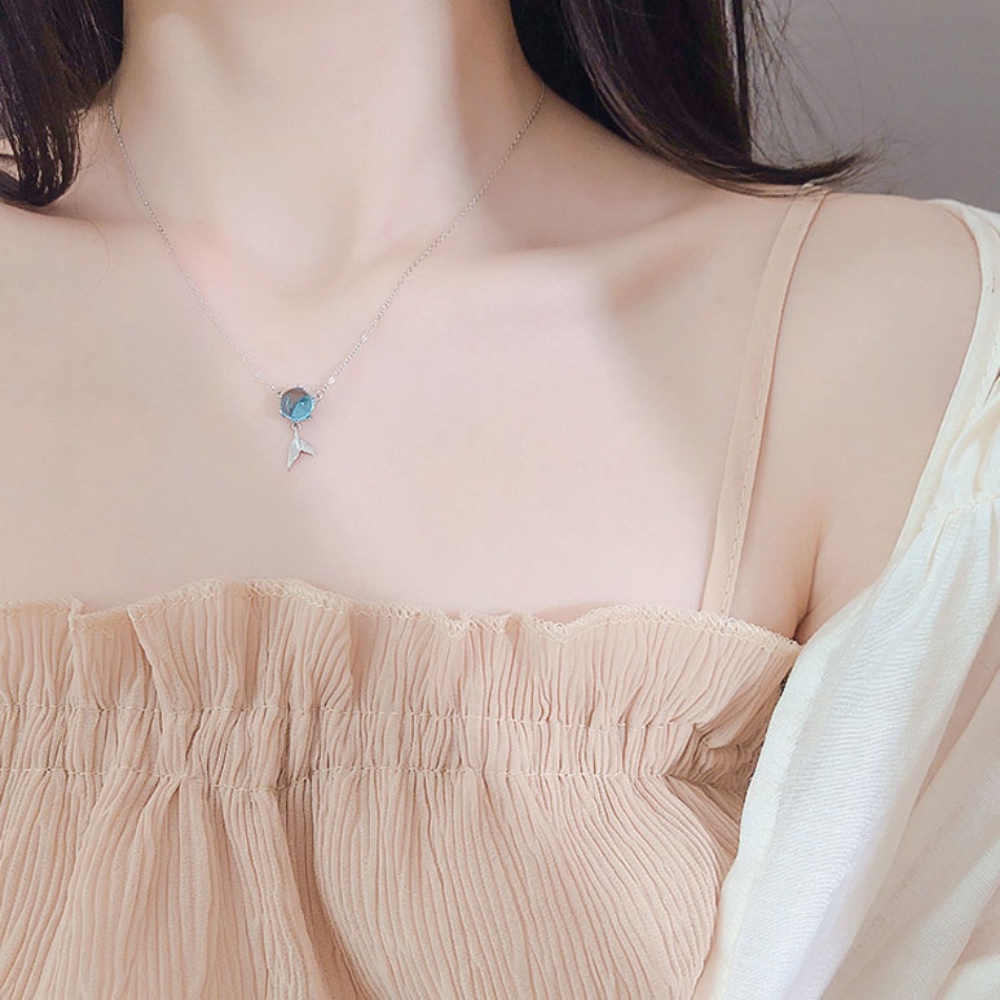 Korea Indah Mermaid Tails Batu Biru Zirkon Liontin Kalung S925 Sterling Silver Untuk Wanita Fashion Perhiasan Aksesoris