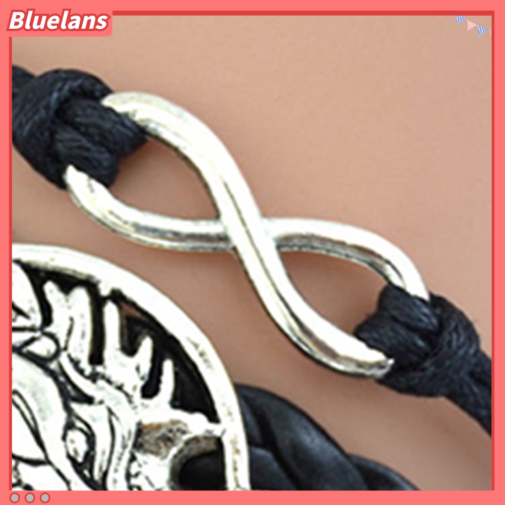 Bluelans Women Retro Wolf Head Charm Infinite Braided Faux Leather Wax Cord Bracelet