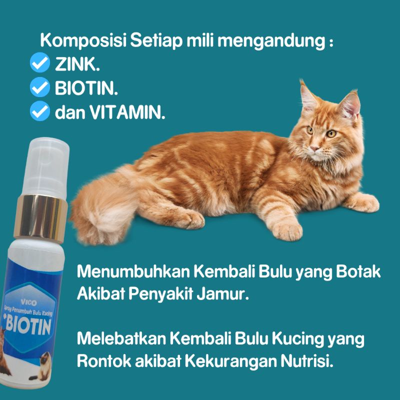 Obat penumbuh bulu kucing Vico BIOTIN Spray vitamin melebatkan bulu kucing tumbuh lebat sehat dan mengatasi bulu rontok akibat jamur dan kekurangan nutrisi bulu anak kucing aman ampuh cepat mudah