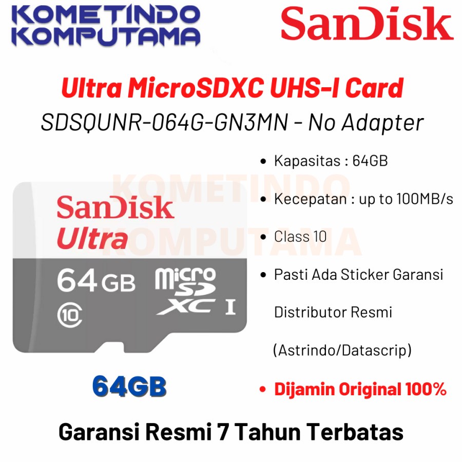 100MB/s R 64GB SANDISK ULTRA MICRO SDXC, SDSQUNR 64GB, C10, UHS-1,100MB/s R GARANSI RESMI SDSQUNR-064G-GN3MN