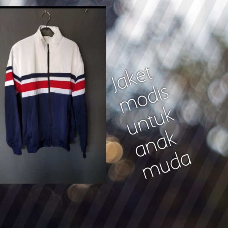 jaket traktop putih hitam garis merah