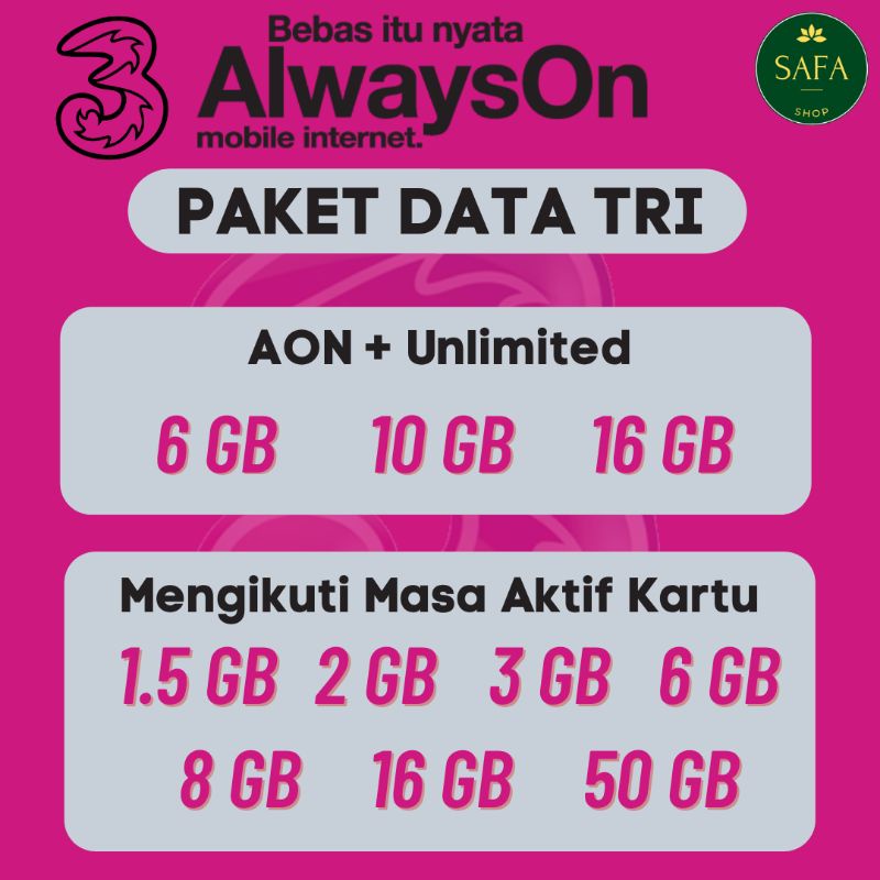 Paket Data Three 3 AON Happy 1GB 2GB 3GB 4GB 6GB 8GB 10GB 16GB - Kuota Tri Unlimited YouTube Murah 2