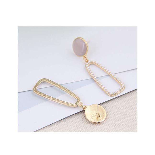 LRC Anting Tusuk Fashion Pink Pearl Drop Oil Geometric Alloy Earrings A61792