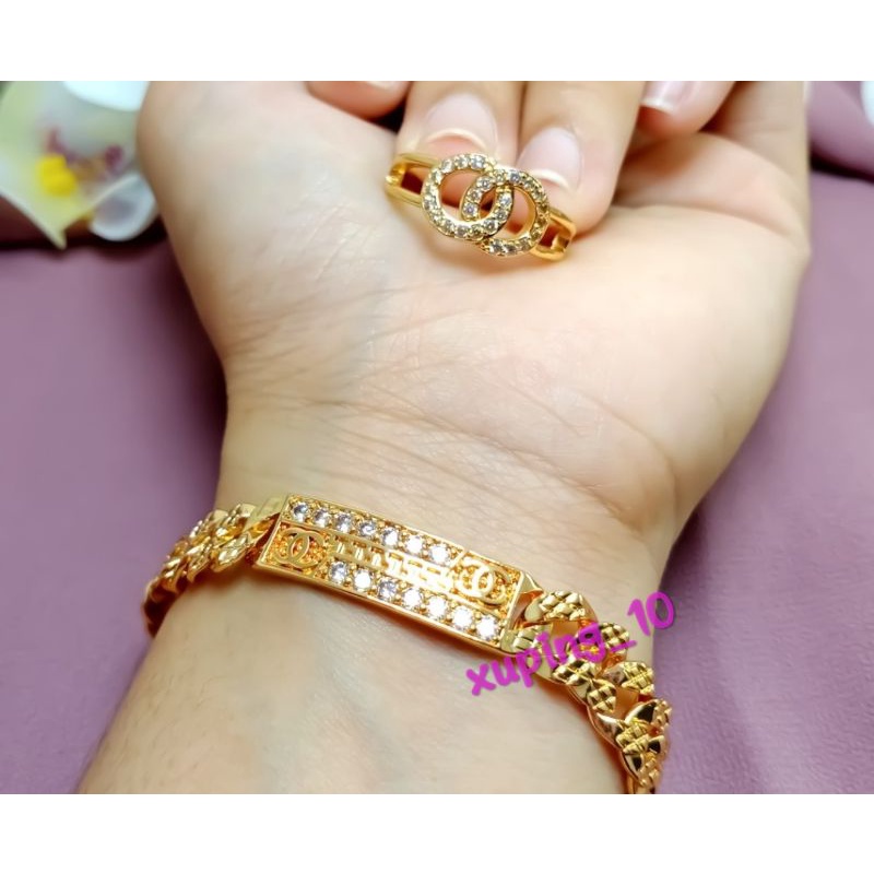 Gelang Tangan Plat Cnl Free cincin chl Gold Perhiasan Wanita Fashion Kekinian