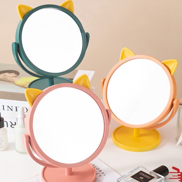 Cermin Make Up Motif Telinga Kucing / Standing Mirror Make Up / Kaca Make Up Bulat