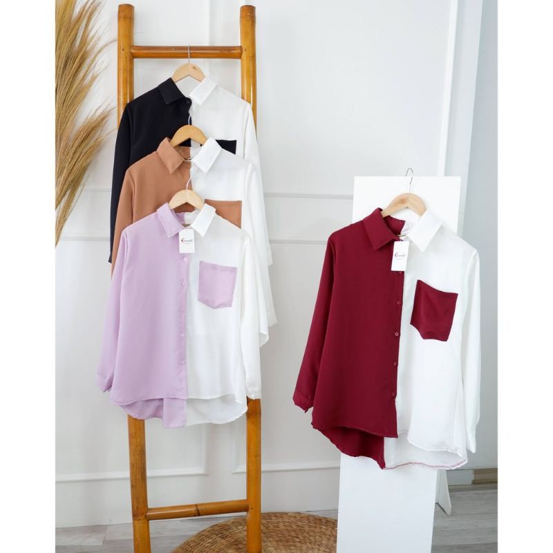 Kemeja Wanita Atasan Blouse Casual Polos Kombinasi Warna Lengan Panjang Baju Cewe Model Pinguin