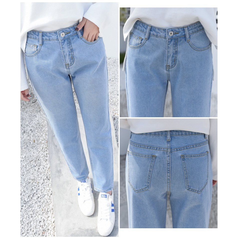 Boyfriend Jeans Loose Tebal Celana Basic Wanita Biru Light