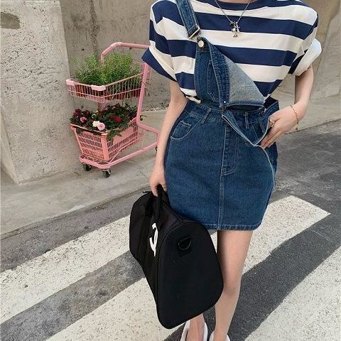 Denim suspender rok wanita musim panas pinggang chic desain Perancis kecil pinggang tinggi ramping r