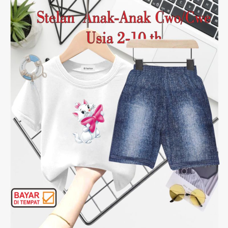 ((IB))SETELAN ANAK PEREMPUAN SEMI JEANS/KUCING MARIE DIGITAL SABLON