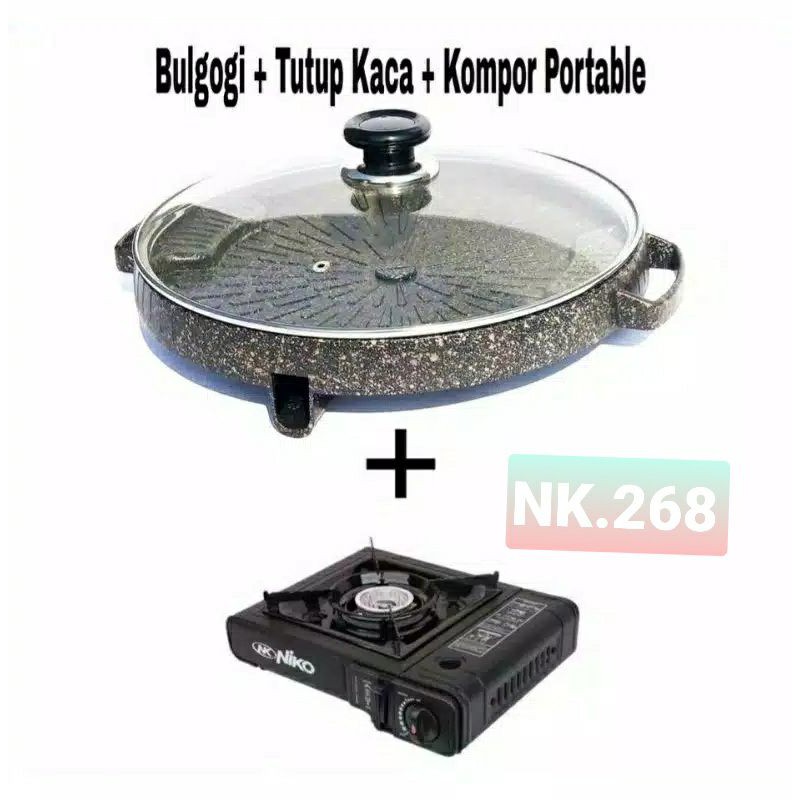 Bulgogi Pan 32CM , Alat Panggang BBQ + Tutup Kaca + Kompor Portable Niko8