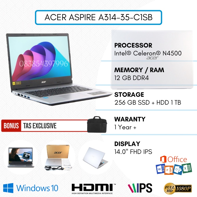 LAPTOP ACER MURAH ASPIRE A314-35-C1SB [CELERON N4500 / RAM 12 GB DDR4 / SSD 256GB + HDD 1TB / 14&quot; FHD IPS / SILVER / FREE INSTALL WINDOWS 10 + TAS LAPTOP KEREN] - TEKNO KITA