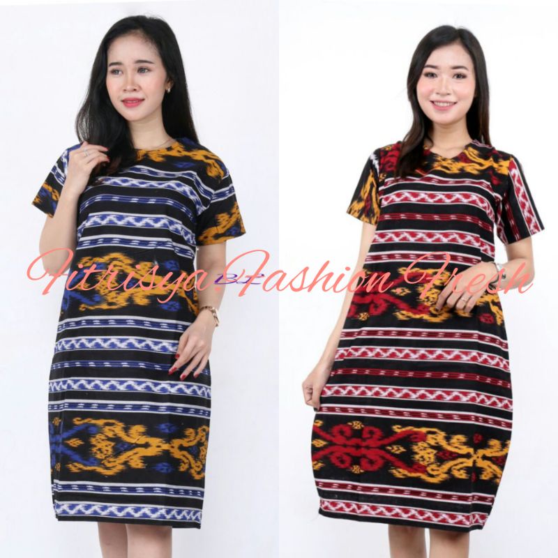 TUNIK DRESS BATIK WANITA JUMBO XXXXL / 4L LENGAN PENDEK MOTIF SONGKET MERAH DAN BIRU KOMBINASI