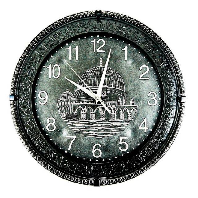 Jam Dinding kaligrafi Nuansa masjid tulisan Ukir Arab mesin sweep ukuran 32cm