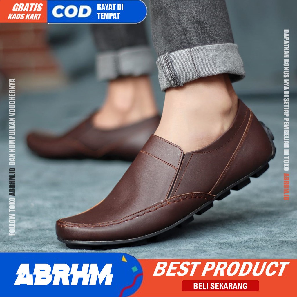 ABRHM X NIBA Sepatu Slip On Pria Kulit Asli Sepatu Pria Pantofel Kerja Sepatu Kasual Cowok / Cowo Santai Kekinian Original