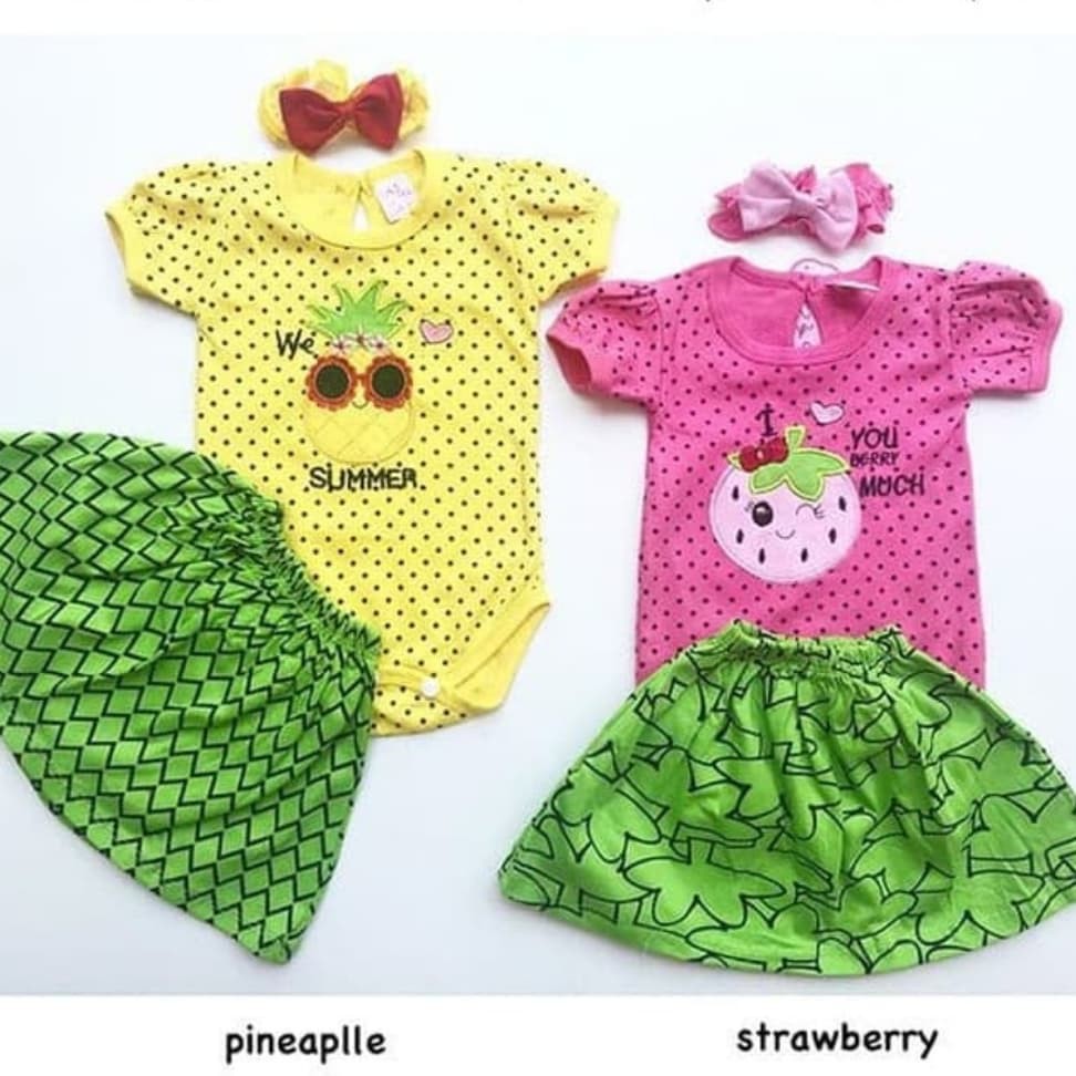 Promo  !! Baju Anak Bayi Perempuan Setelan Rok Jumper Fruits Set Bandana