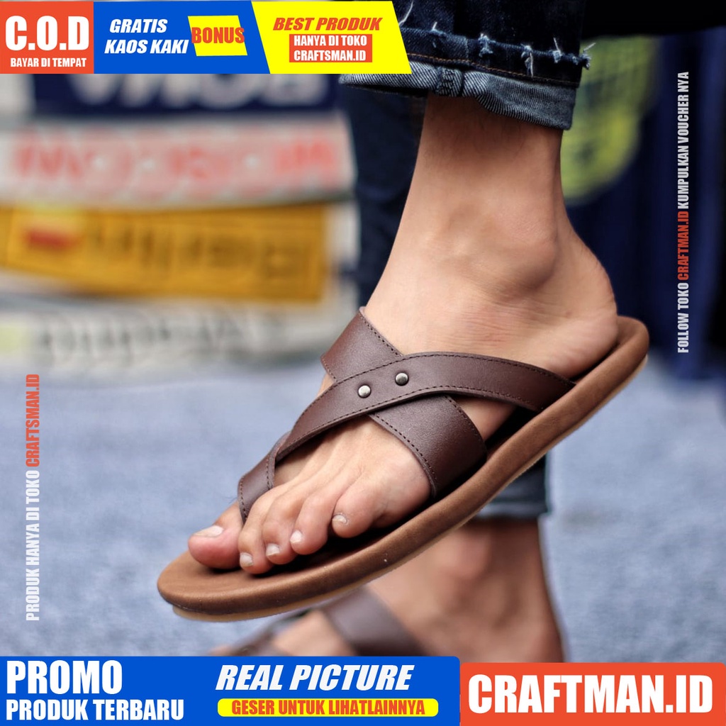 CRAFTS WIROS SANDAL KULIT PRIA BLACK BROWN SENDAL CASUAL JEPIT PRIA