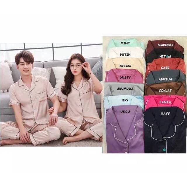 PIYAMA SATIN COUPLE PREMIUM TEBAL HALUS dapat 2 pcs lengan pendek celana panjang ( sepasang 2 pcs )