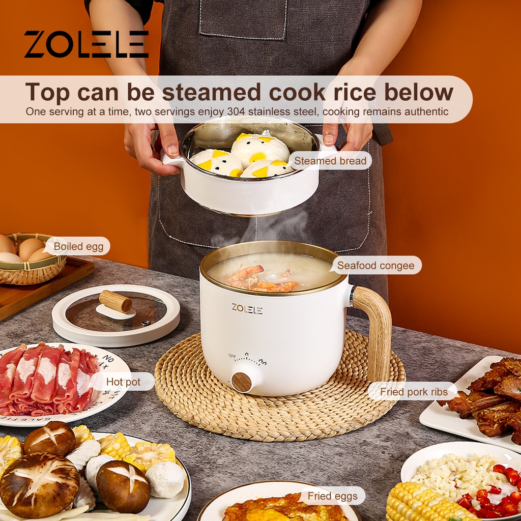 ZOLELE Panci Listrik Serbaguna Kukusan 1.5L Multifungsi Elektric Cooker 4 in 1 Food Frypan Hotpot Low Watt 2-Layer Panci Pot Kukus Steamer with Gagang Anti Melepuh Panci Anti Lengket Peralatan Dapur Stainless Home Kitchen Portable ZC302