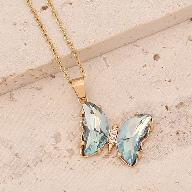 Kalung Rantai Klavikula Desain Kupu-Kupu Kristal Kaca Bening Gaya Korea Butterfly