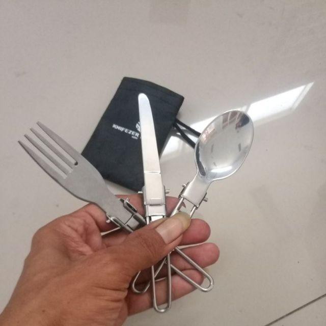 PAKET KNIFEZER Sendok garpu pisau lipat GELAS SET portable stainless steel CAMPING OUTDOOR TRAVEL