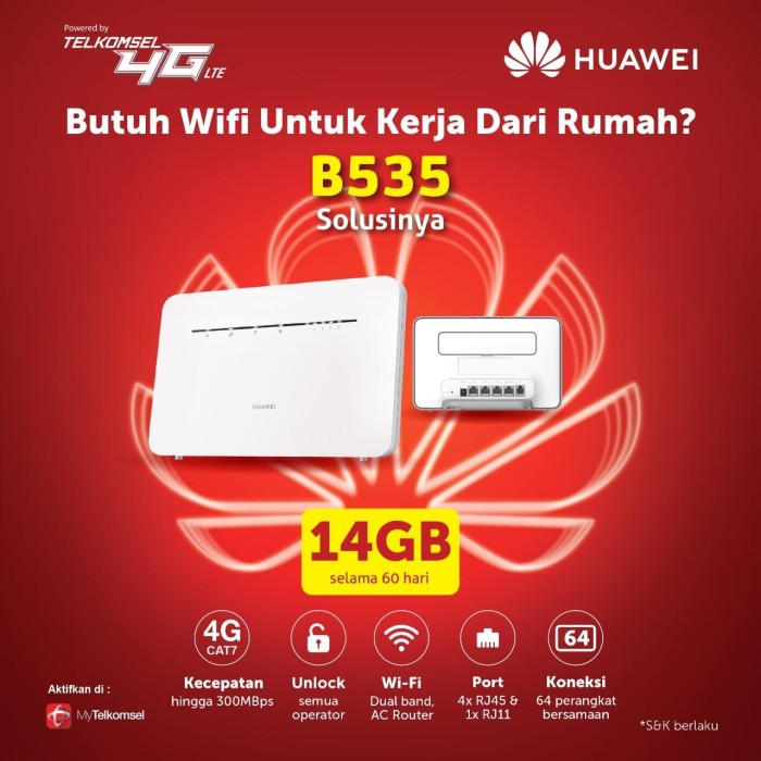 Mifi Modem Router Wifi Huawei B535 4G Cat7 300mbps Free Tsel 14GB