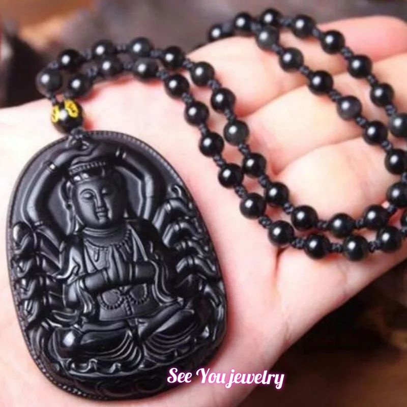 Kalung Batu Obsidian Hitam Asli Dewi Kwan Im Pho Sat Seribu Tangan