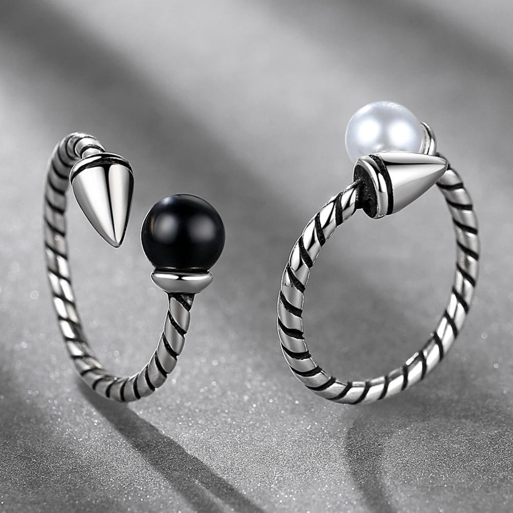 925 Perak Cincin Untuk Wanita/Cincin yang Dapat Diatur Perhiasan Retro batu akik hitam JZ00072
