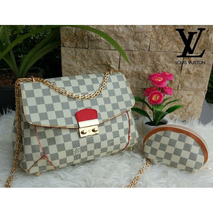 Tas Selempang Rantai Sling Bag Wanita Branded LV Lock Motif Damier