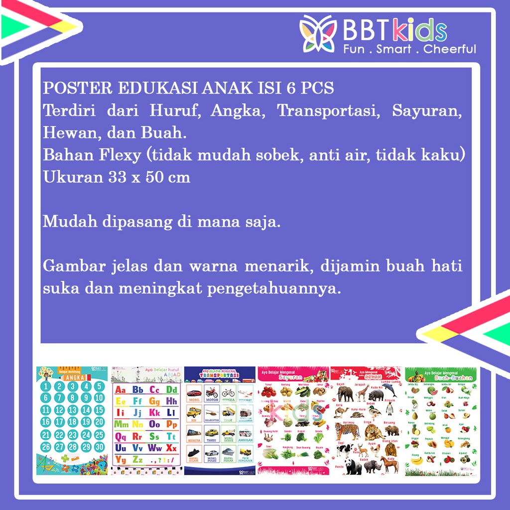 POSTER EDUKASI ANAK LENGKAP DINDING 6 PCS HURUF ANGKA HEWAN BUAH SAYUR TRANSPORTASI 1 PAKET ANTI AIR TIDAK MUDAH SOBEK