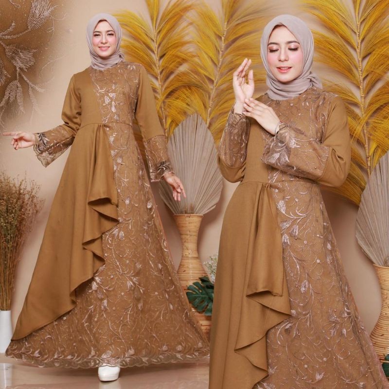 (MODEL BARU)SIZE M,L,XL,XXL,XXXL/GAMIS ZOLANA/GAMIS BRUKAT TILE/GAMISMUSLIM/GAMIS KONDANGAN/CANTIK-COKLAT