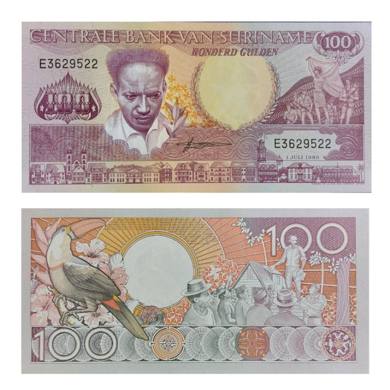 Uang Negara Suriname 100 Gulden 1986 Kondisi UNC MULUS GRESS
